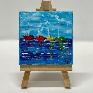 Original Acrylic Coastal Art on Mini Canvas on Easel